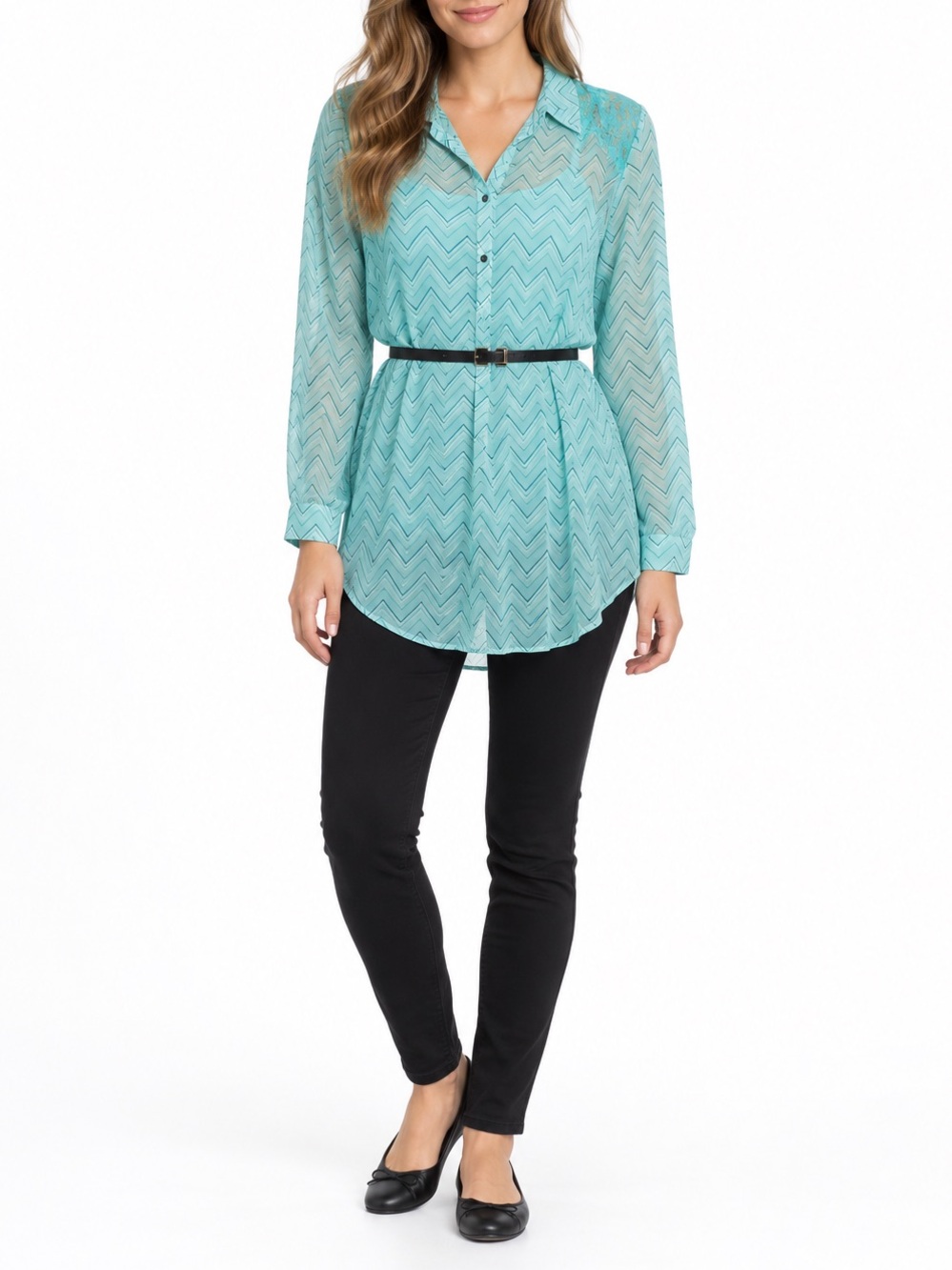 NOBO Women’s Teal Chevron Belted Blouse | Large